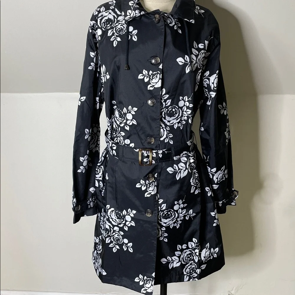 Capelli New York black and white floral print hooded RainTrench Coat - Picture 3 of 16